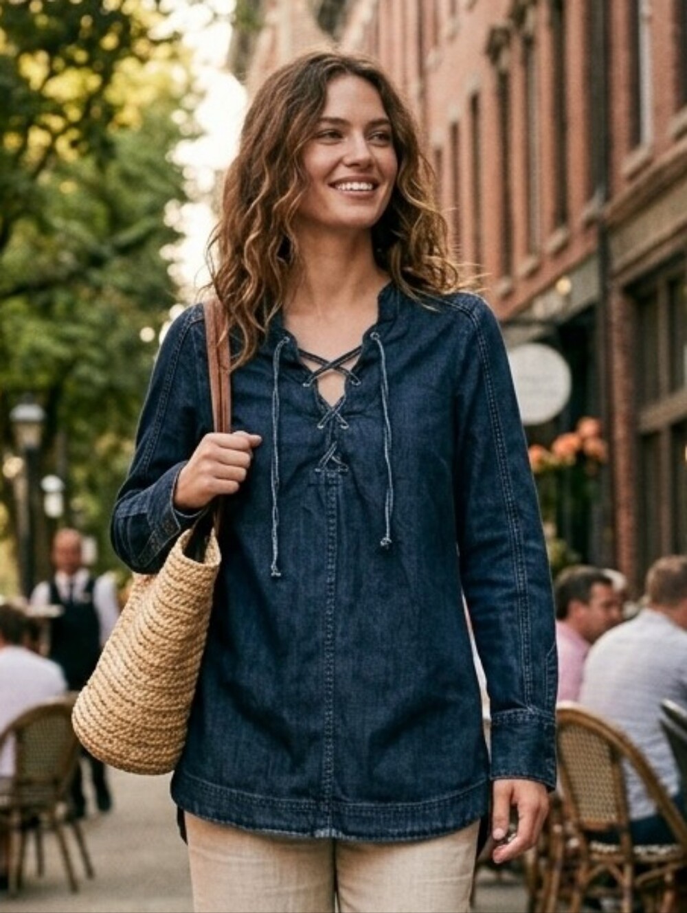 Free People Women's Neopolitin Dreams Indigo Lace-Up Denim Tunic Dress Size XS